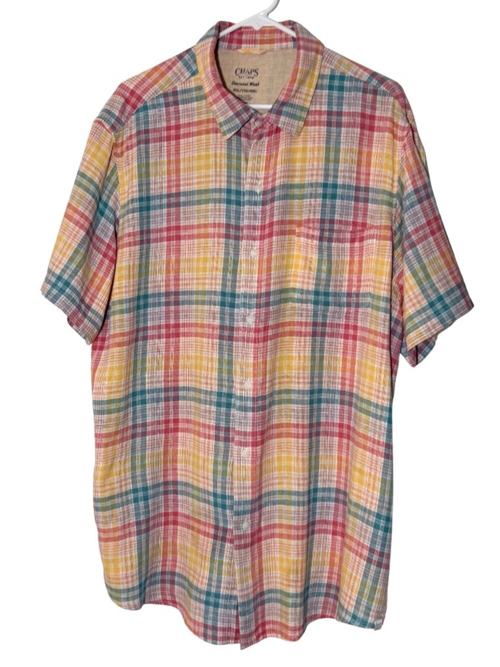 Chaps Mens Multicolor Plaid Seacoast Wash S/S Linen Blend Button-Down Shirt XXL